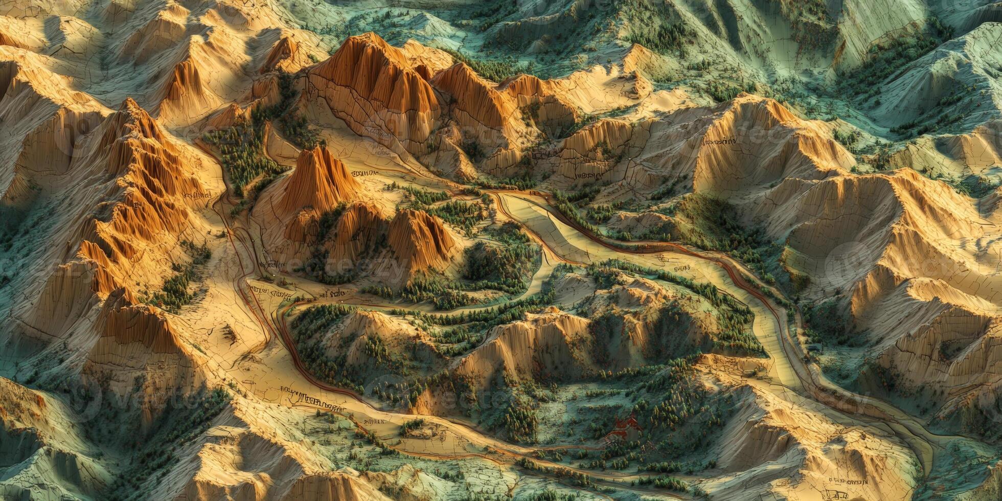 3D Topographic Hiking Trail Map Rugged Mountains Valleys Peaks photo