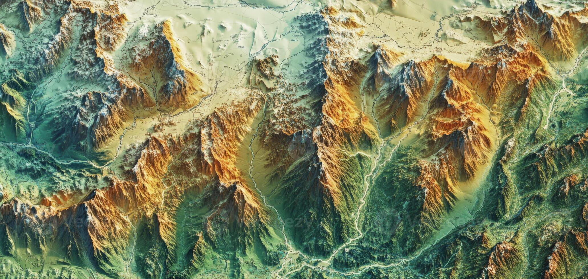 Aerial View of Rugged Mountain Range High Resolution Topographic Map photo