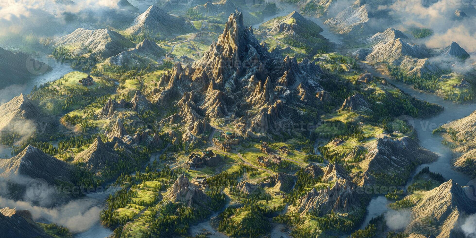 Isometric 3D Fantasy Mountain Landscape Aerial View of Majestic Peaks Valleys and Villages photo