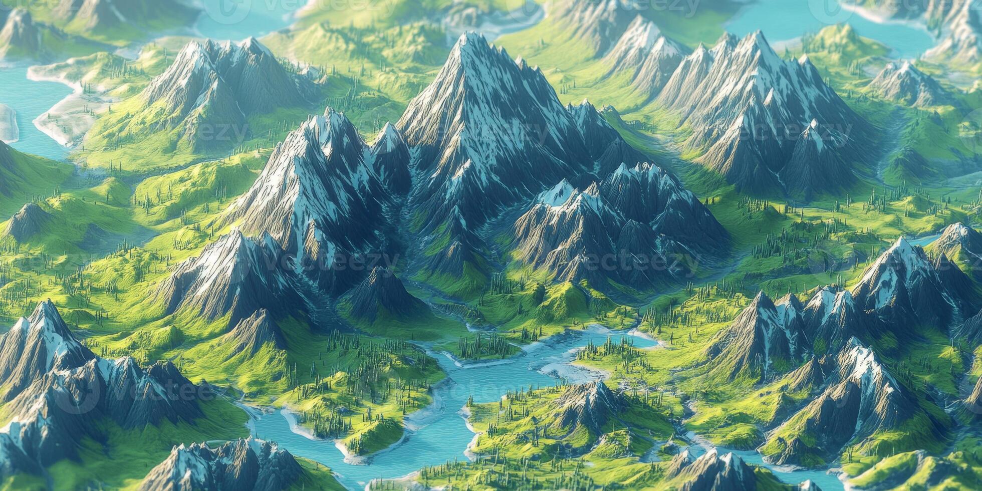Isometric 3D Mountain Range Landscape Aerial View Green Valleys Snow Peaks photo