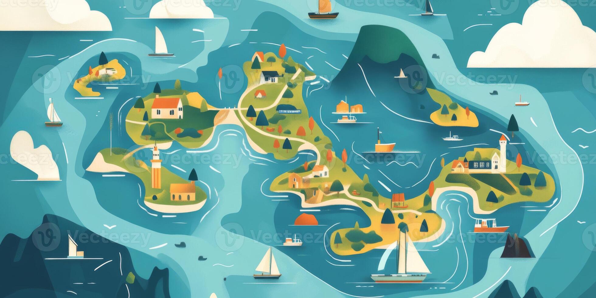 Coastal Island Map Houses Boats Beaches Nautical Illustration photo