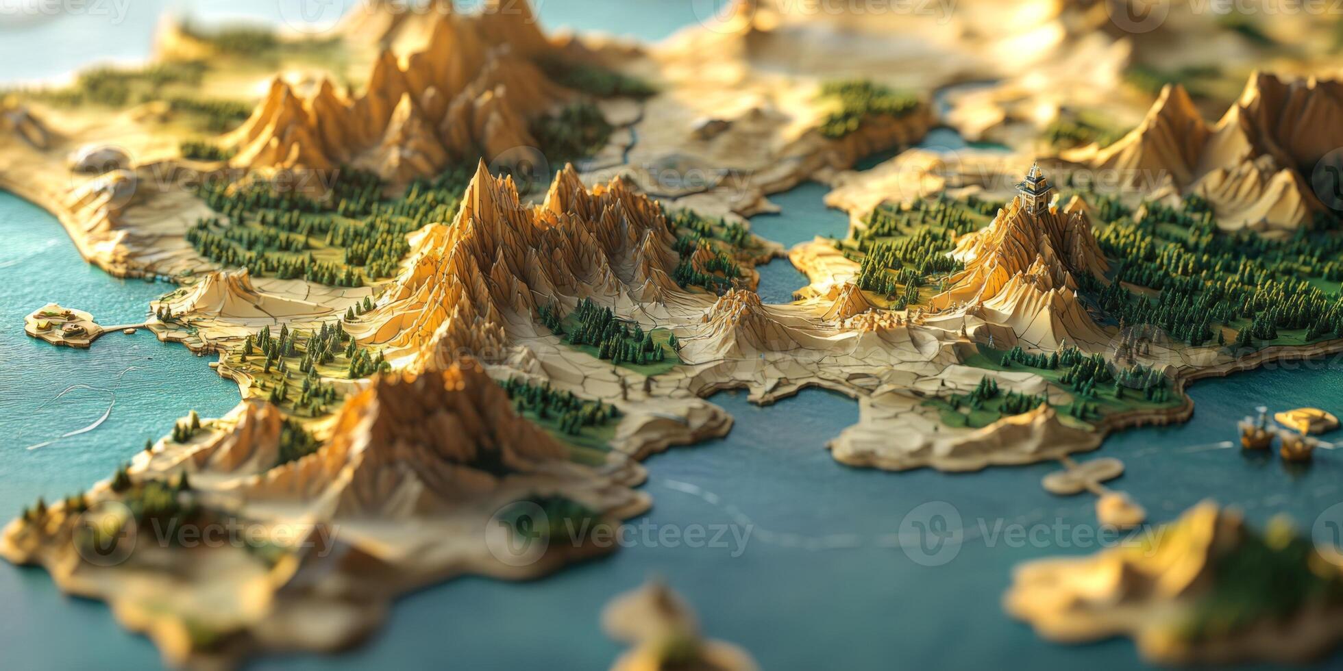 3D Stylized Terrain Map Mountains Coastline Fantasy Landscape photo