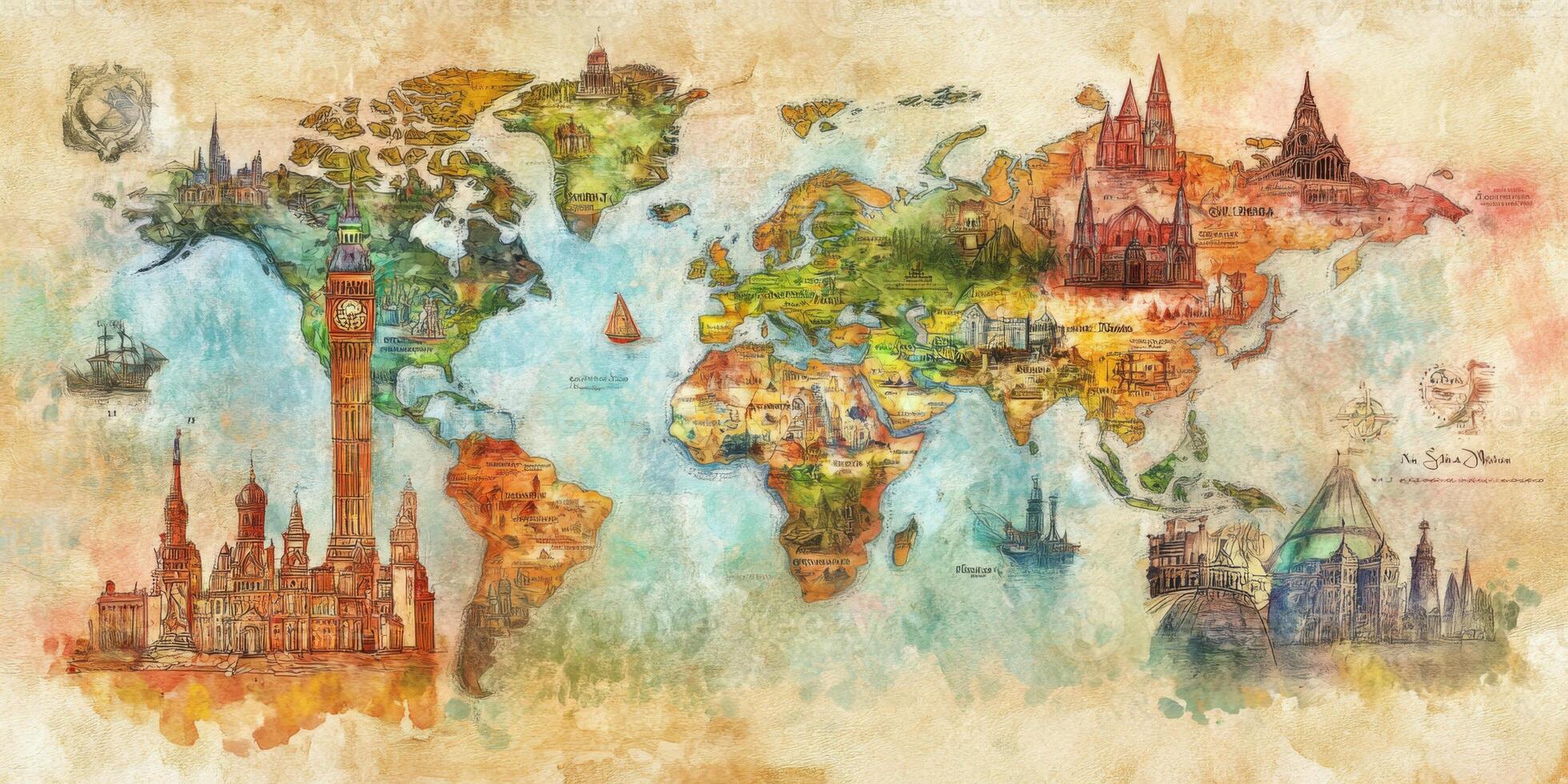Whimsical Watercolor World Map Landmark Travel Illustration photo