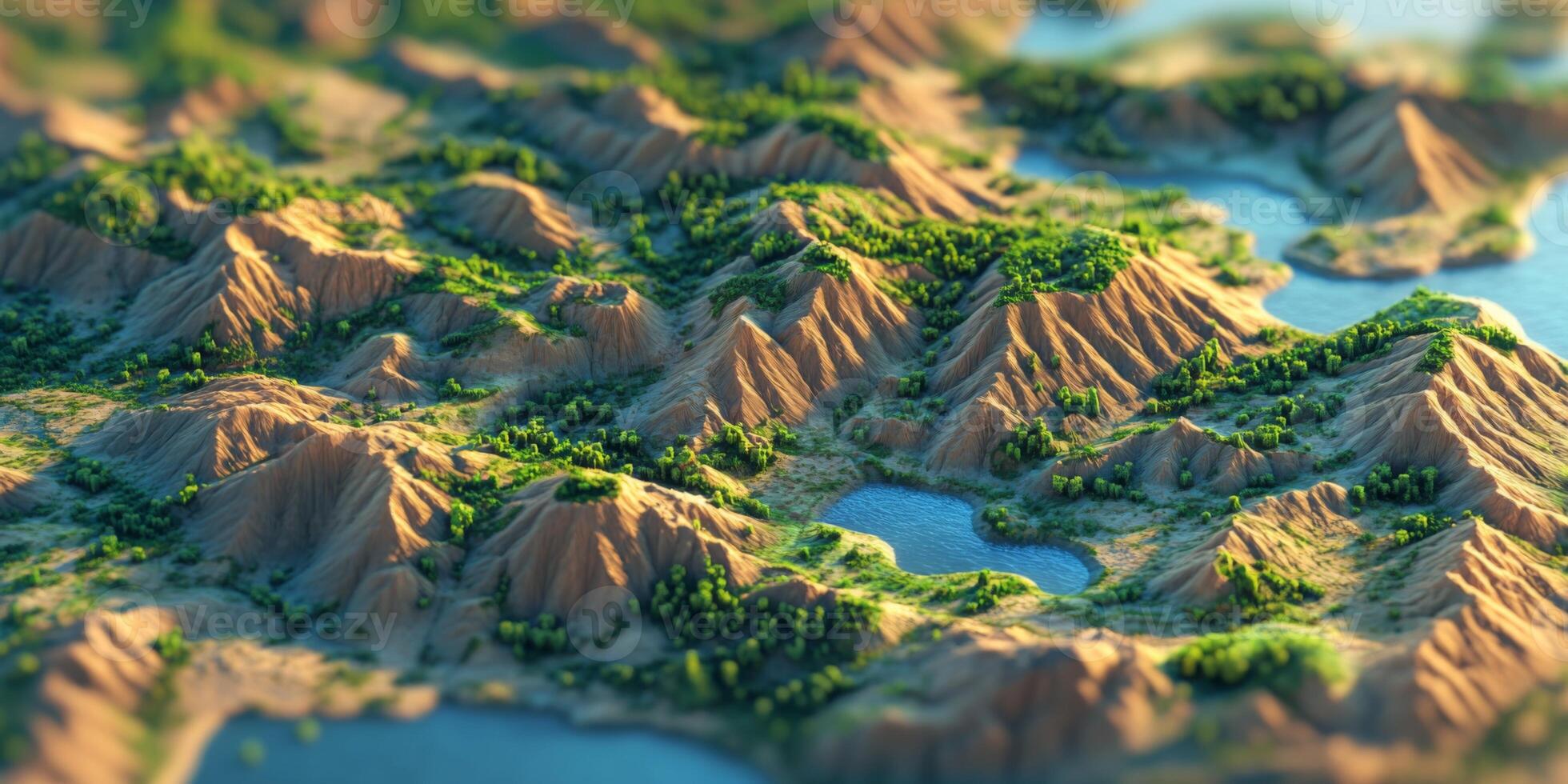 3D Rendered Mountain Landscape Hills Lakes and Lush Green Vegetation photo