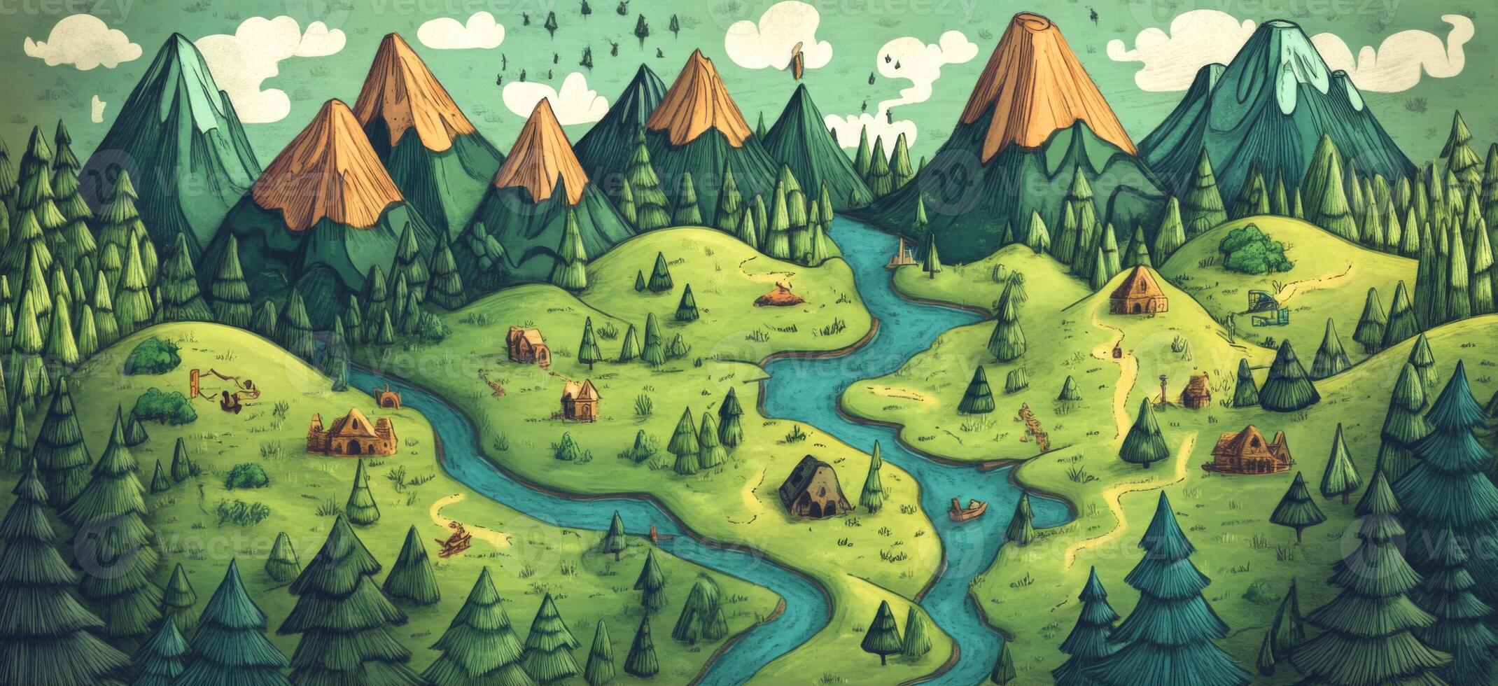 Whimsical Hand Drawn Fantasy Landscape Map Mountains Rivers Forest Houses photo