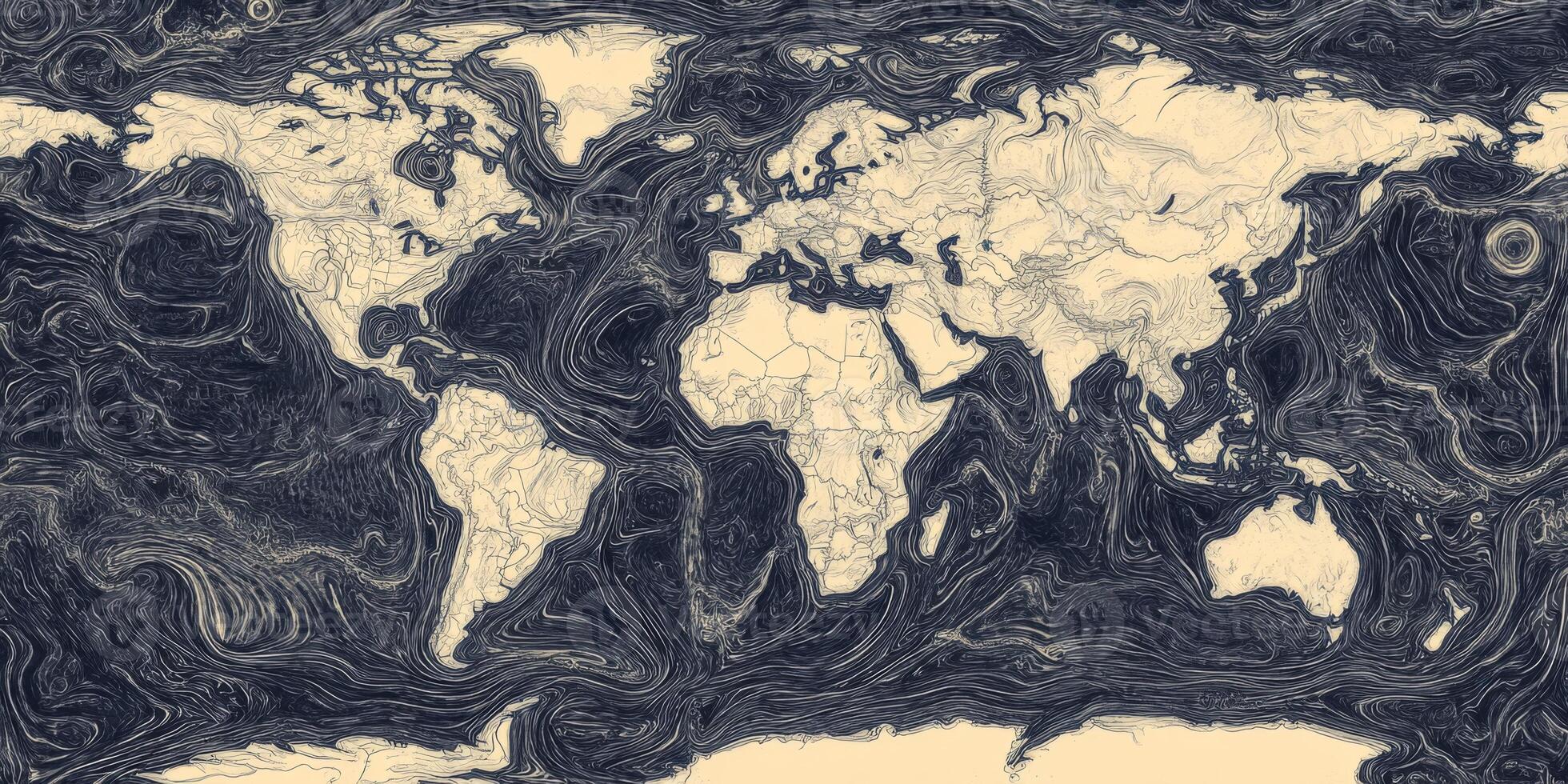 Artistic Hand Drawn World Map Ocean Currents Topography Global Geography Vintage Style photo