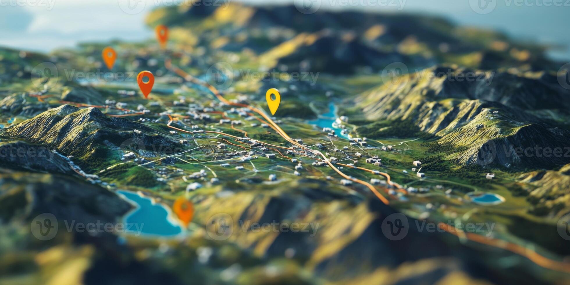3D Navigation Map Route Planner GPS Location Pins Travel Mountain Landscape photo