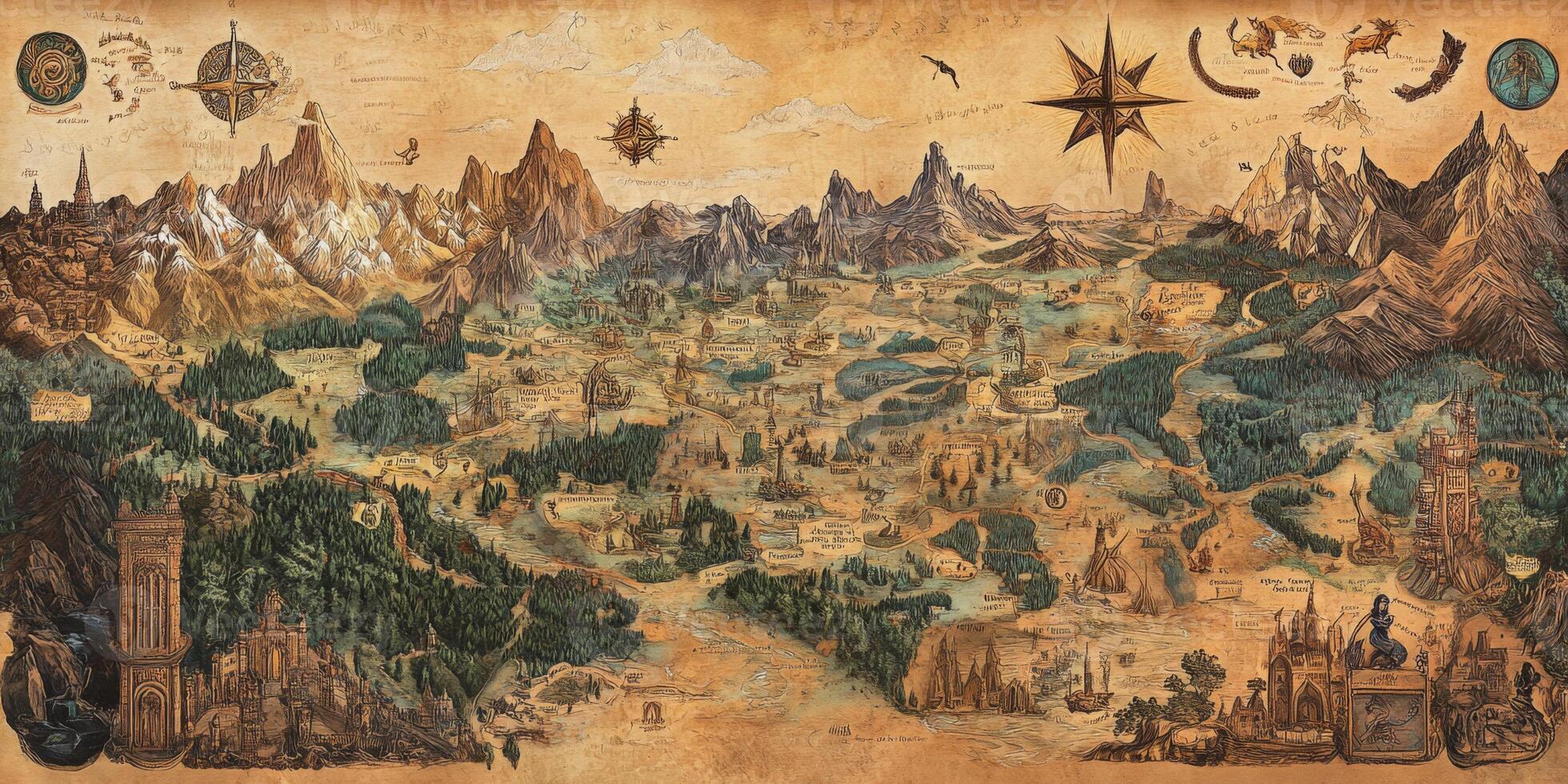 Fantasy Map Mythical Landscape Ancient Cities Parchment Texture Adventure Illustration photo