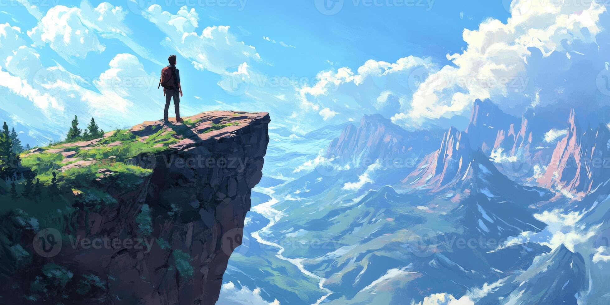Majestic Mountain Vista Hiker on Clifftop Panoramic Landscape photo