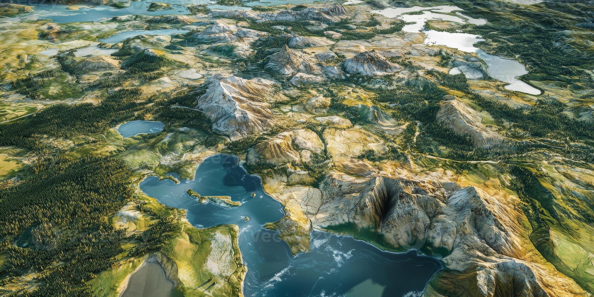 Aerial View of Mountainous Landscape with Lakes and Forests photo