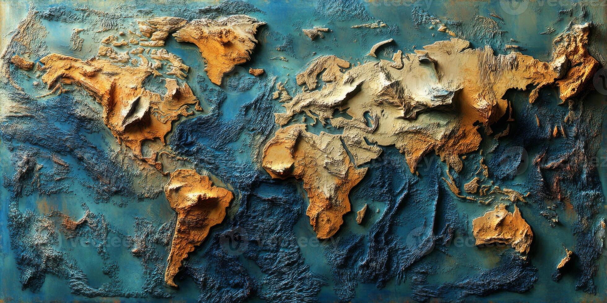 3D Relief World Map Textured Earth Continents Oceans photo