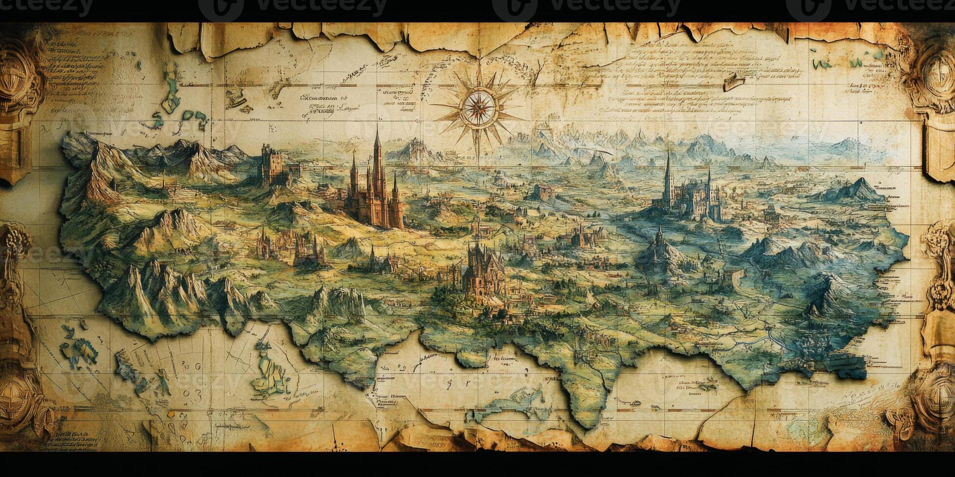 Antique Fantasy Kingdom Map Vintage Travel Adventure Exploration Illustration photo