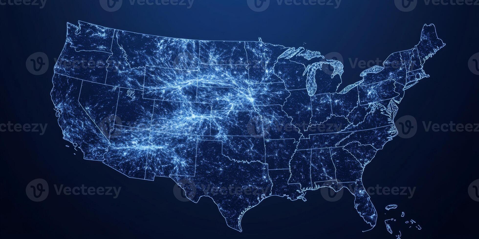 USA Map States Highways Network Connections Digital Map Geographic Data Blue Illuminated photo