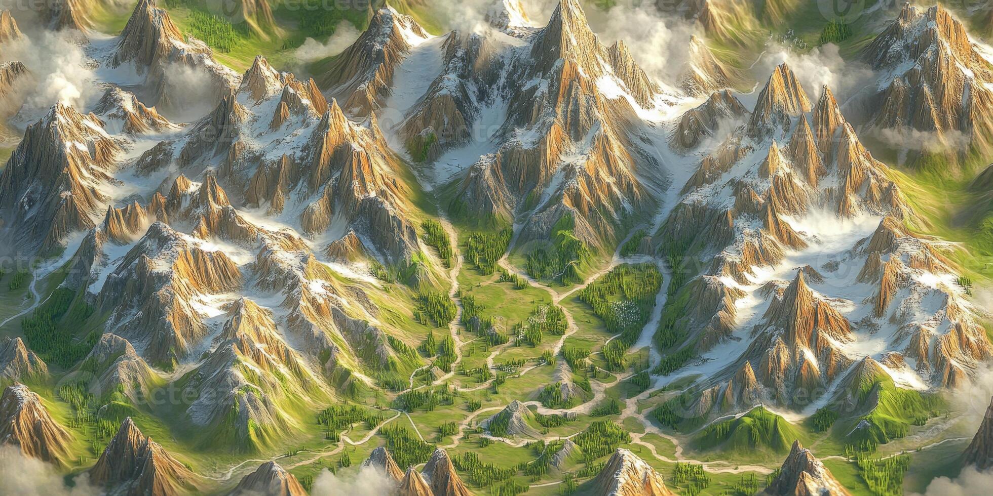 Isometric 3D Mountain Range Map Snow Capped Peaks Green Valleys Aerial View photo