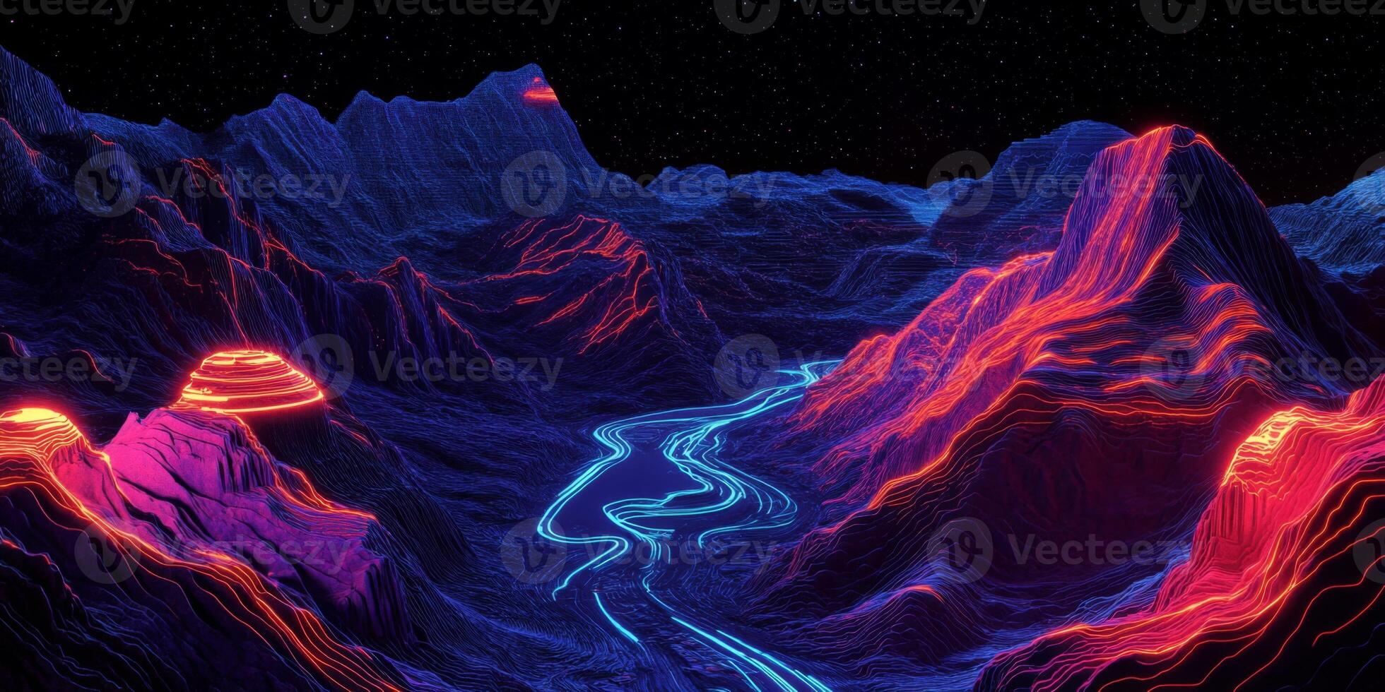 Neon Mountainscape Futuristic 3D Render Abstract Landscape Glowing Lines photo