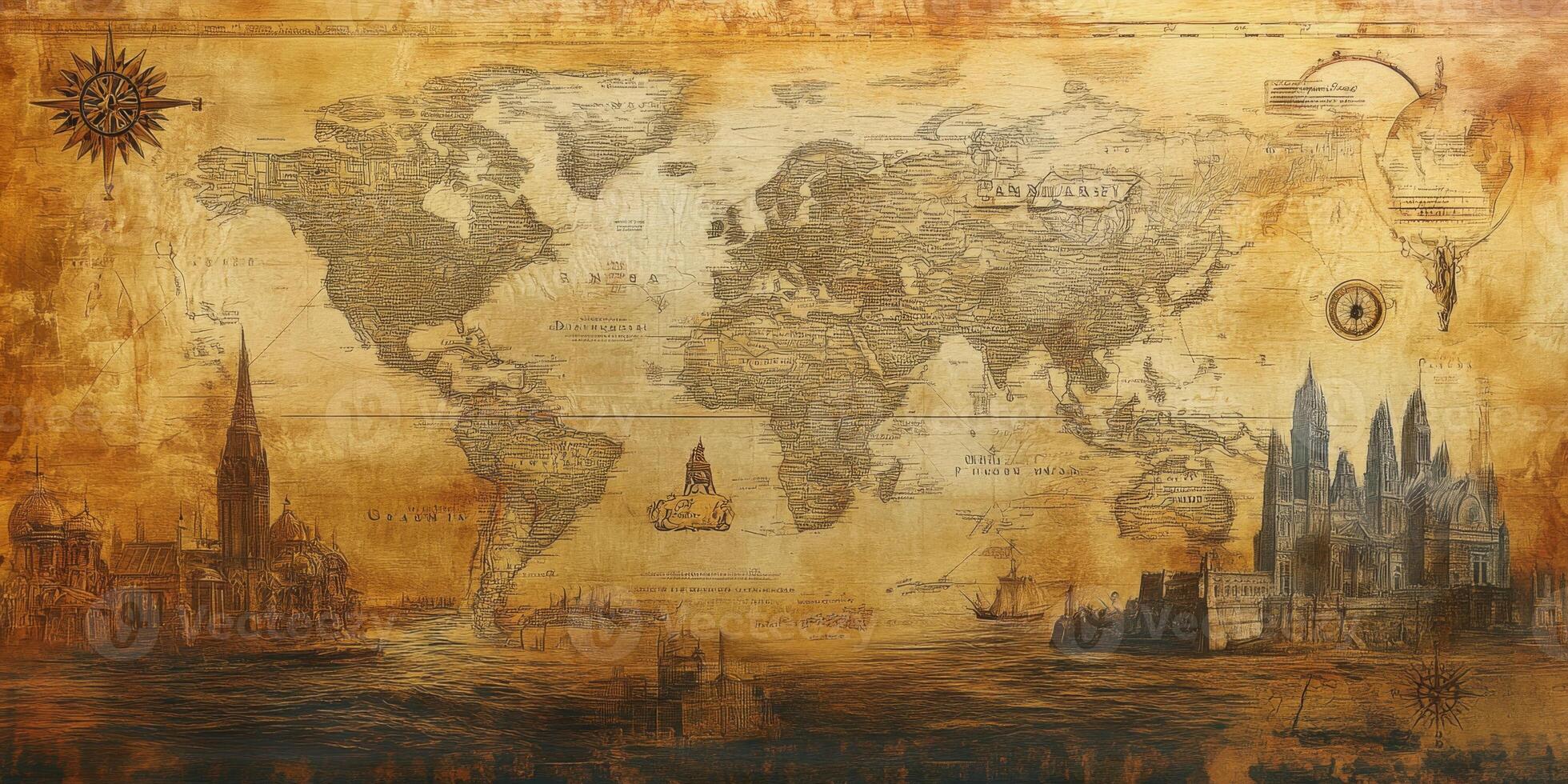 Antique World Map Vintage Travel Exploration Architecture History Compass Grunge Texture photo