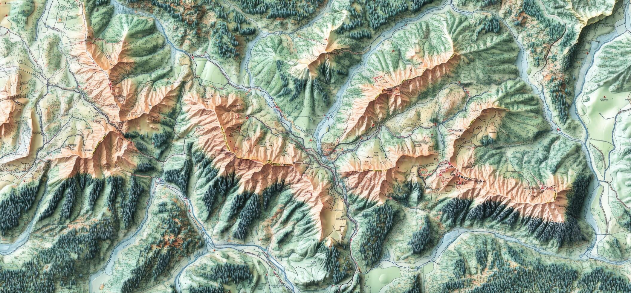 Detailed Topographic Map Hiking Trails Mountains Rivers Landscape photo
