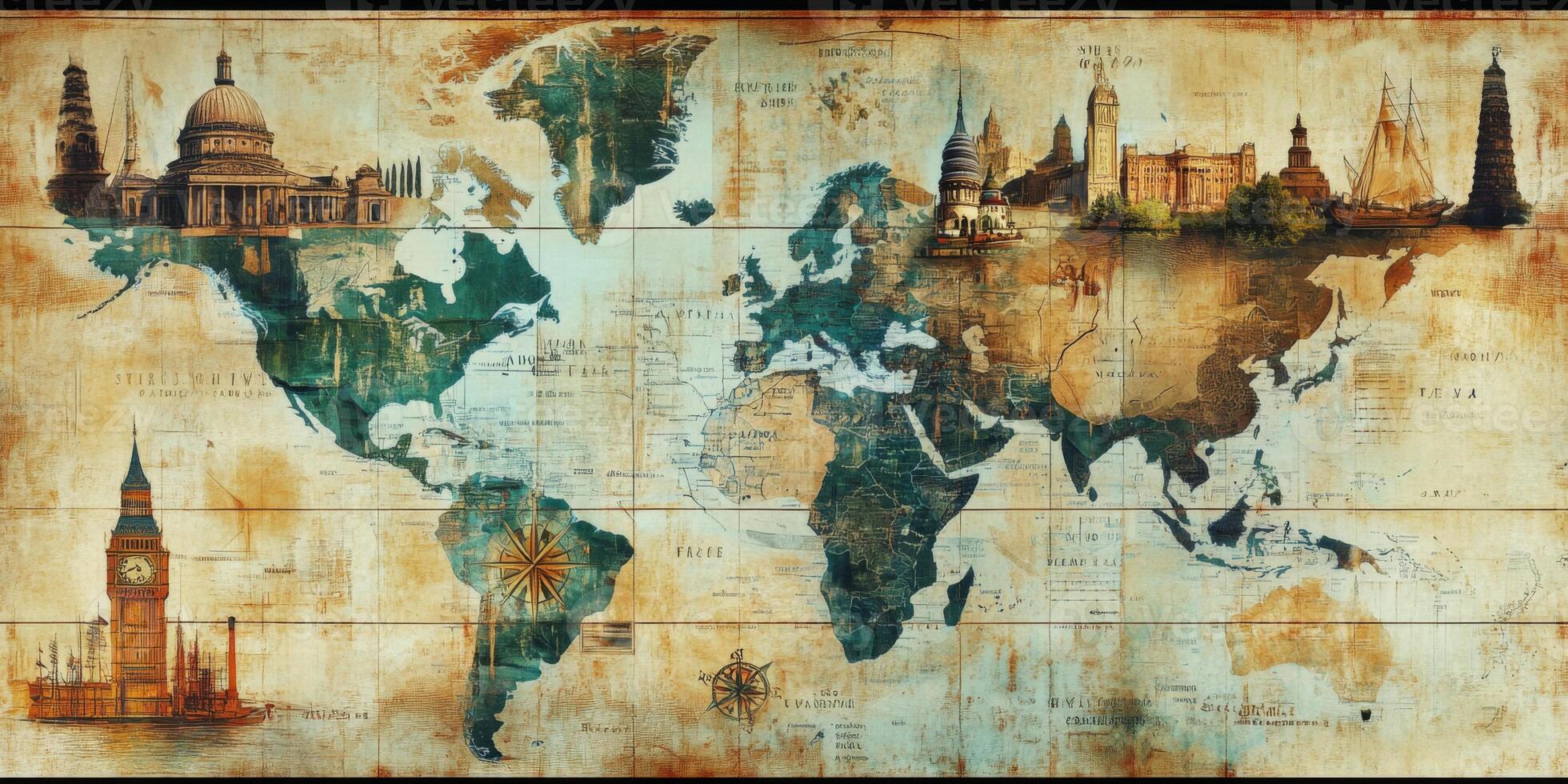 Vintage World Map Travel Landmarks Exploration History photo