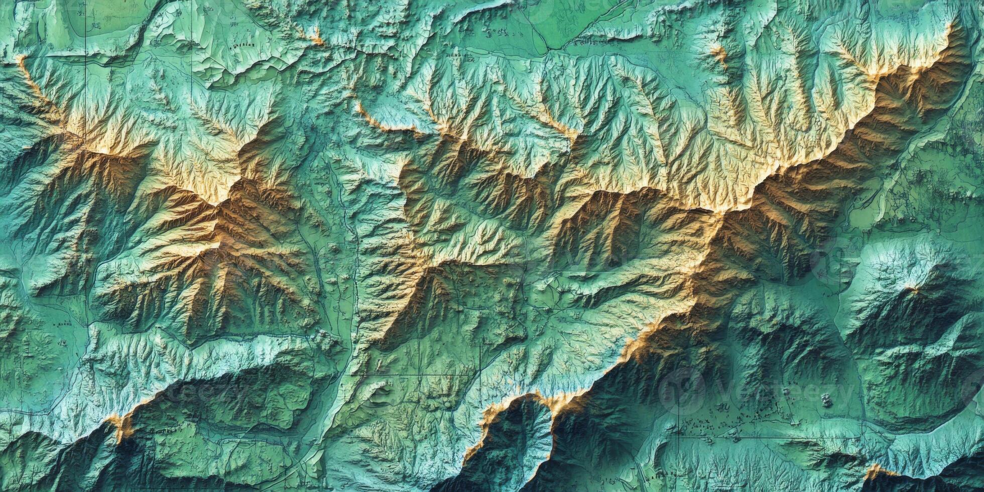Stunning Aerial Mountain Range Topography Map Teal Gold Elevation photo