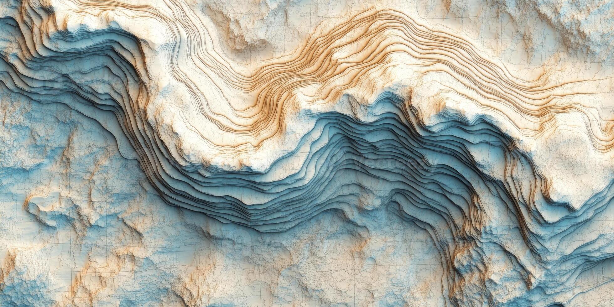 Abstract Topographic Map Overlay Blue Beige and Brown Contour Lines on Aerial Satellite View photo