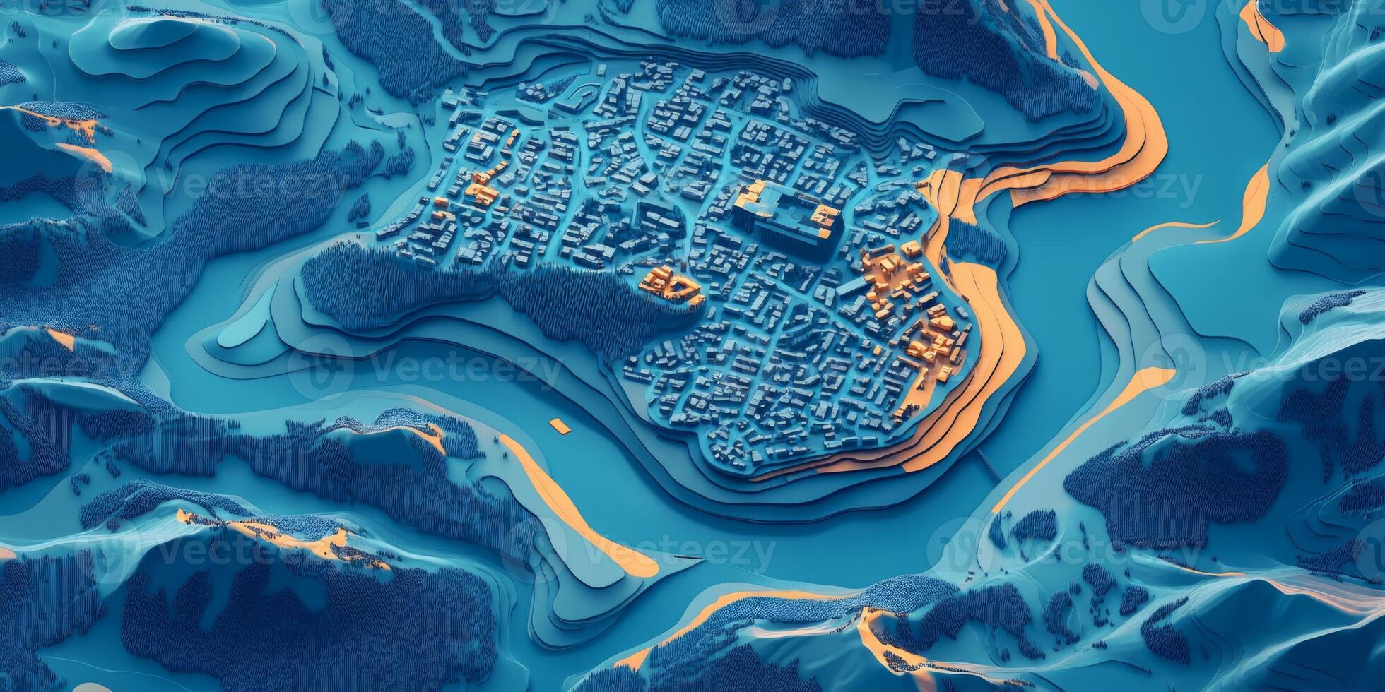 Isometric Cityscape 3D Topographic Map with Buildings and Terrain photo