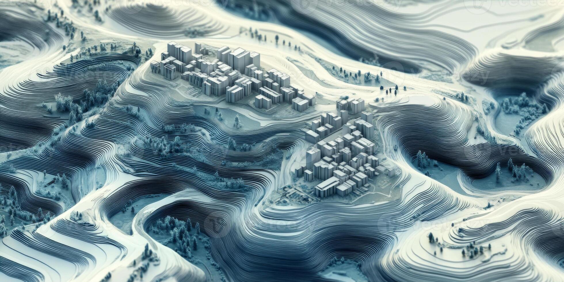 Isometric Cityscape 3D Model of Urban Development on Rolling Hills photo