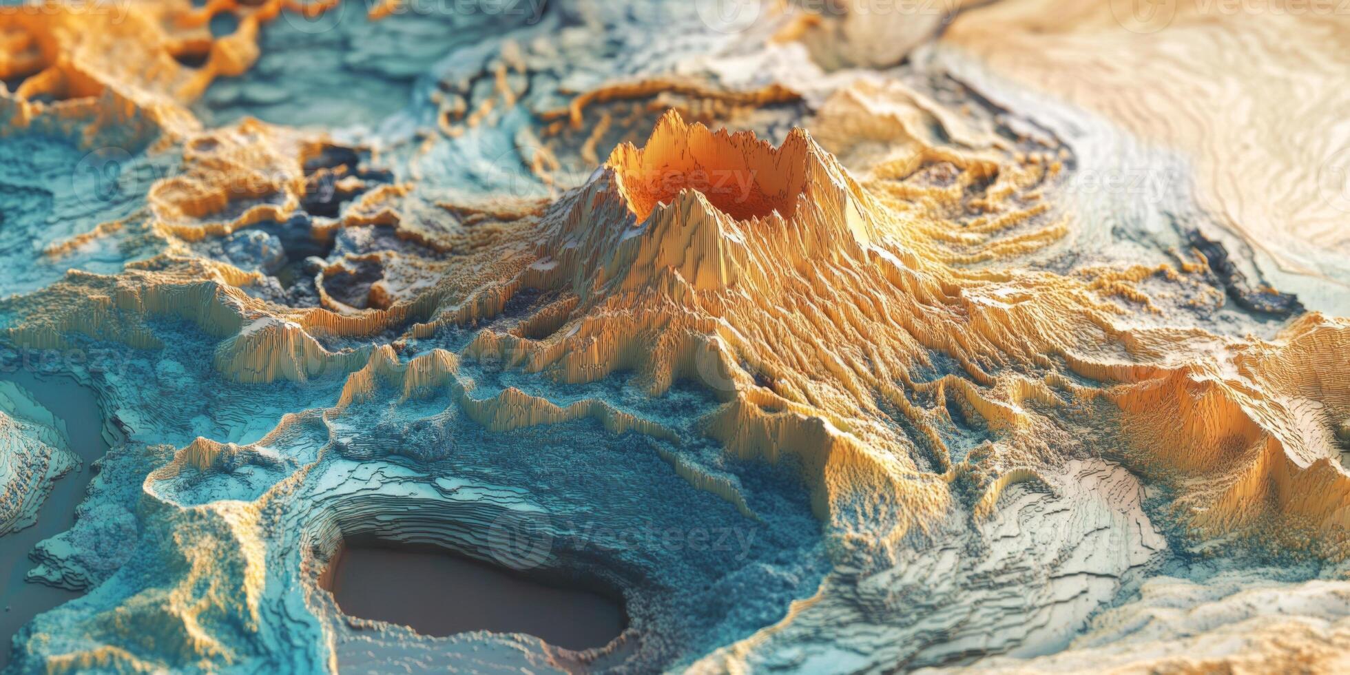 Abstract Topographic Volcano Landscape 3D Render of Mountain Range Crater and Terrain Texture photo