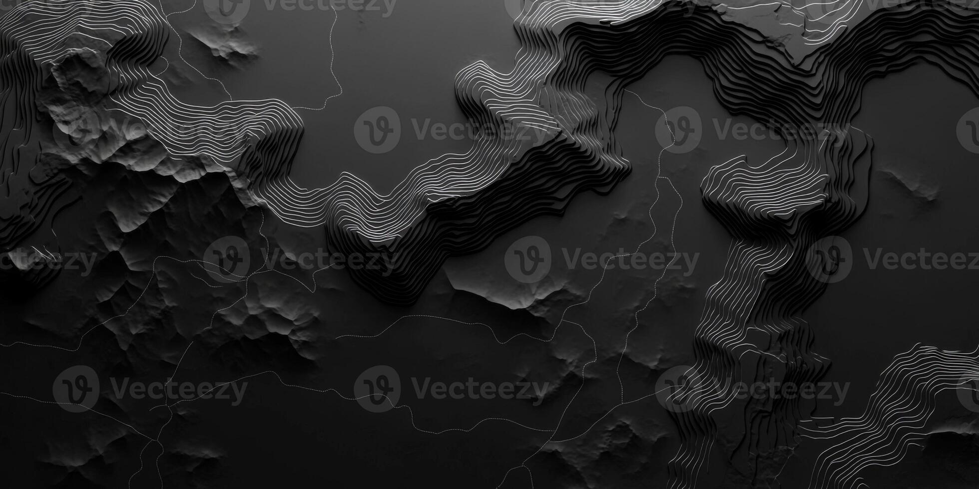 Monochromatic Topographic Map Abstract 3D Terrain Contour Lines Dark Grey Landscape photo