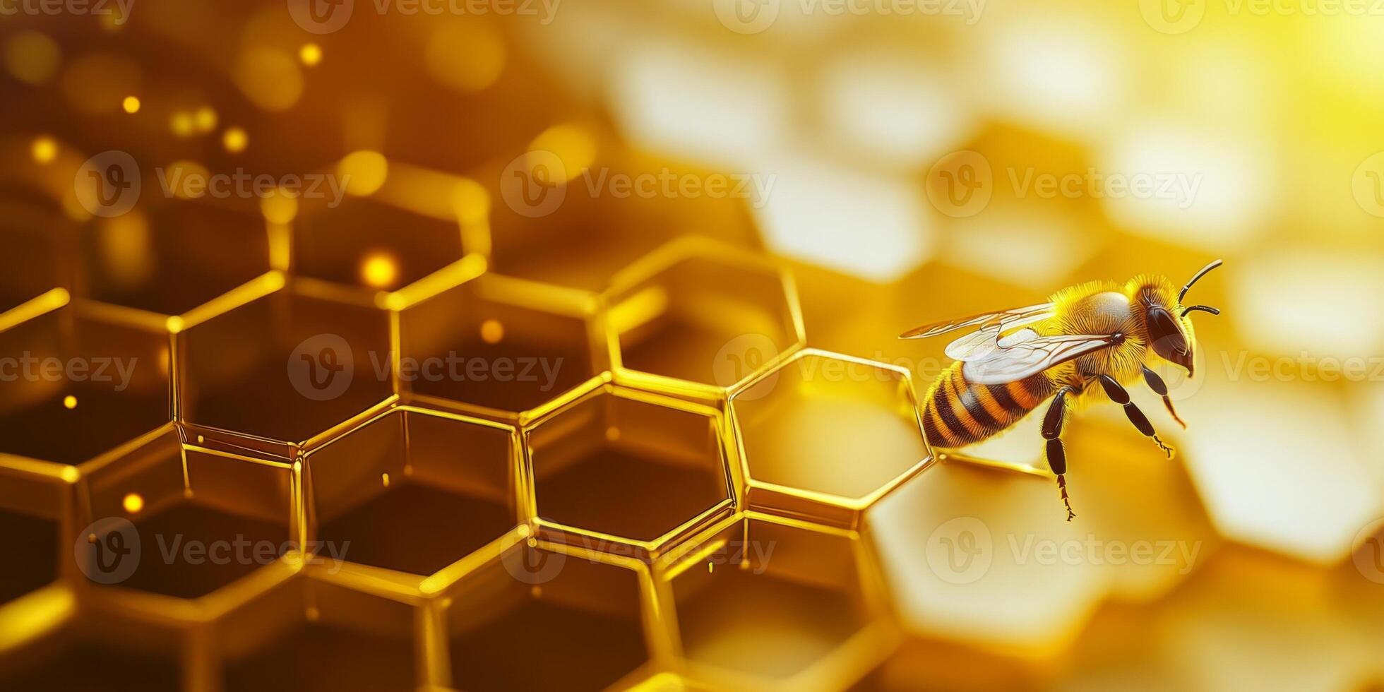 Close-Up of a Bee on a Honeycomb, Golden Background, Macro Photography, Nature, Pollination, Insect Life, Beautiful Details, Environmental Importance photo