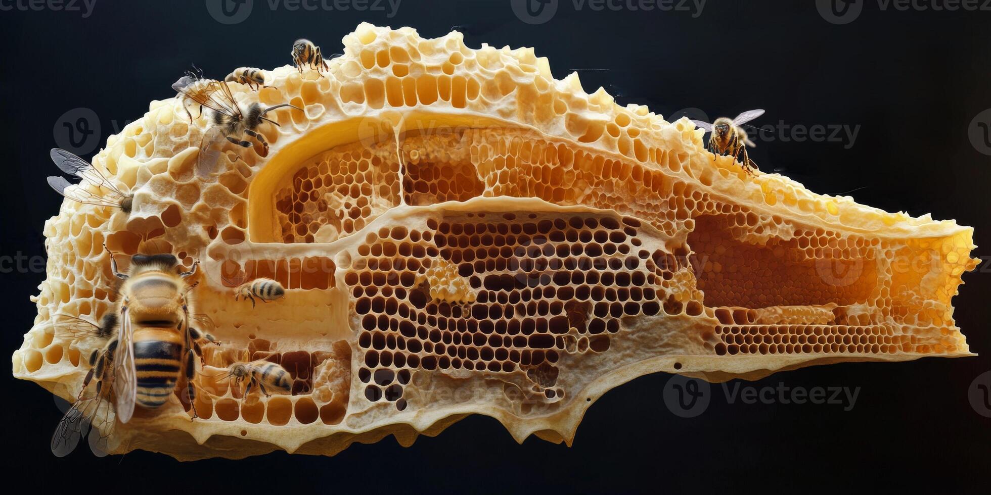 Close-Up View of Honeycomb with Bees, Showcasing Intricate Patterns and Natural Texture of Beehive and Honey Production in Nature photo