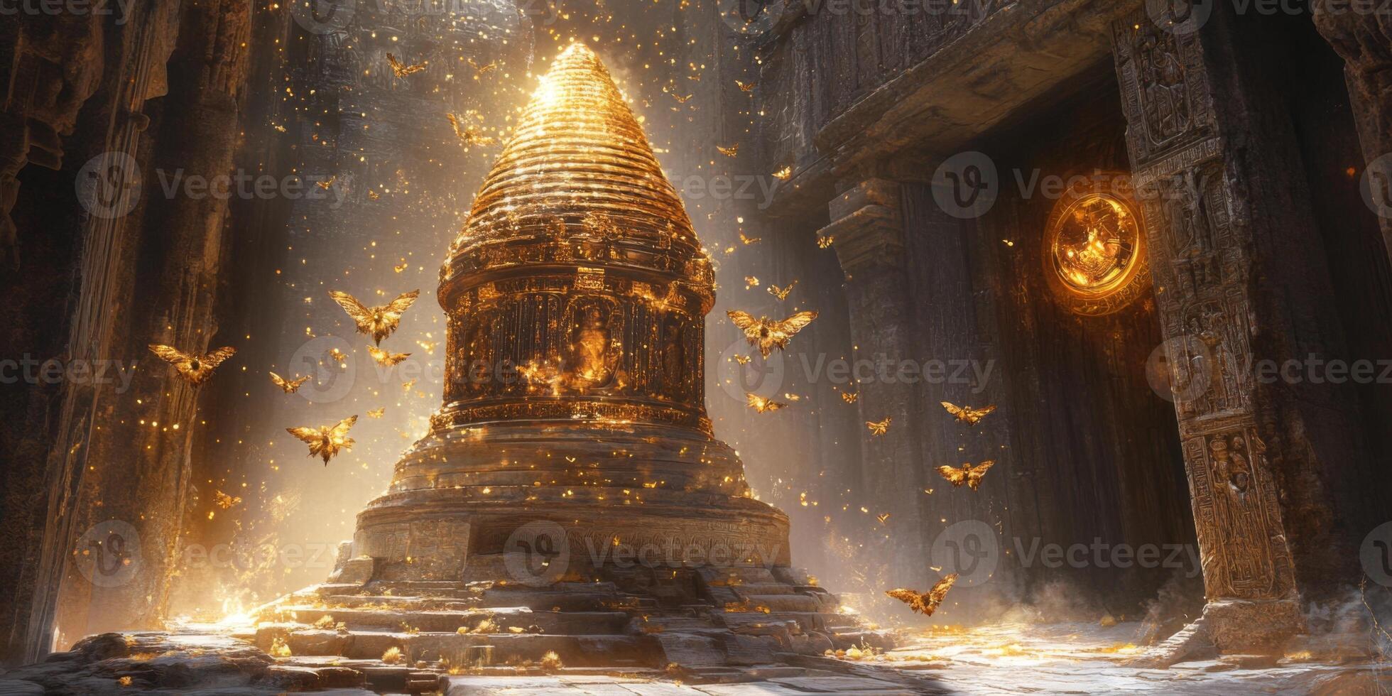 Majestic Ancient Temple Ruins with Glowing Gold Relics and Enigmatic Butterflies in a Mystical Atmosphere photo