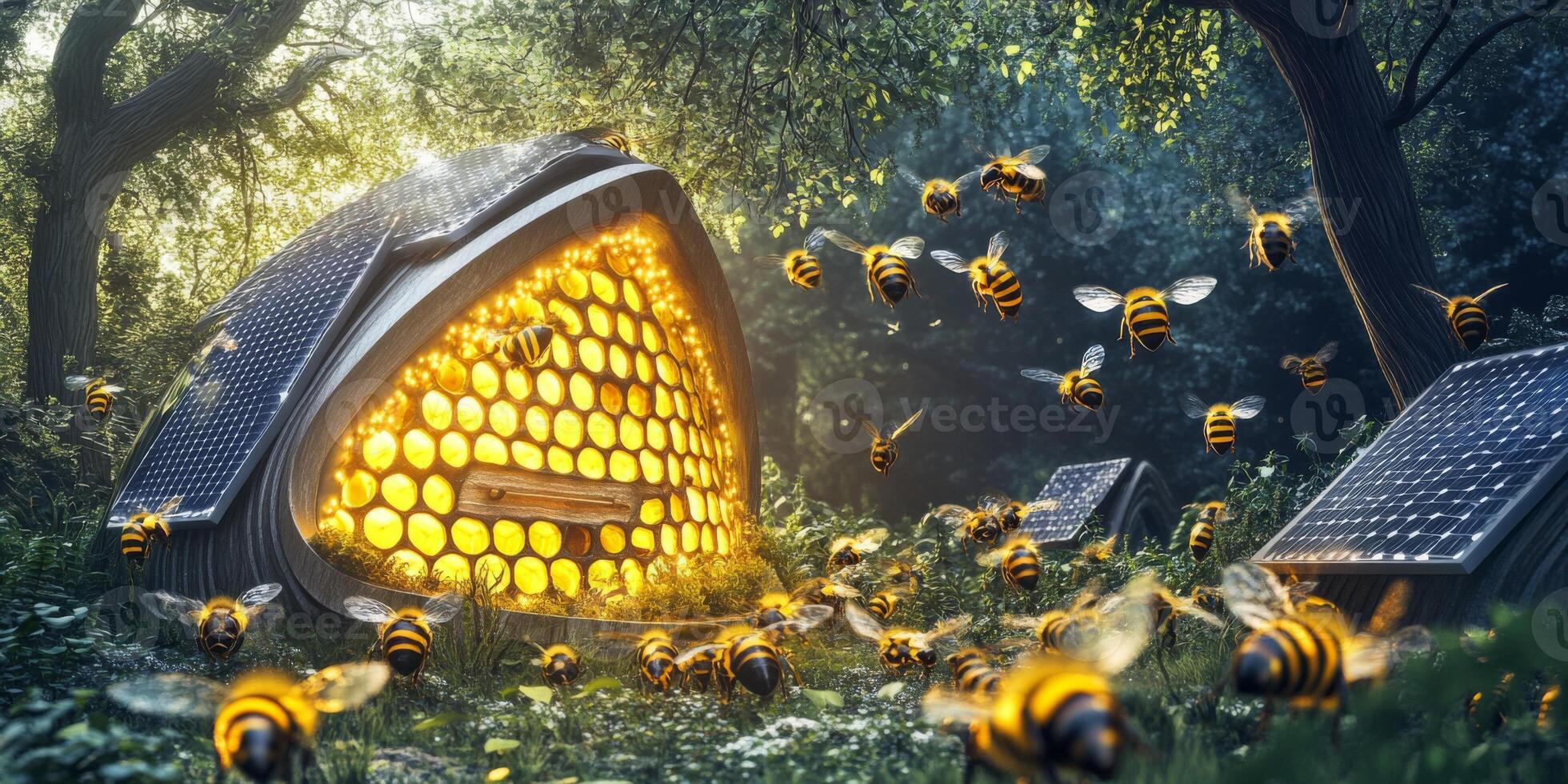 Innovative Beehive Design Surrounded by Bees with Solar Panels in a Lush Green Forest Setting, Emphasizing Sustainable Beekeeping and Environmental Harmony photo