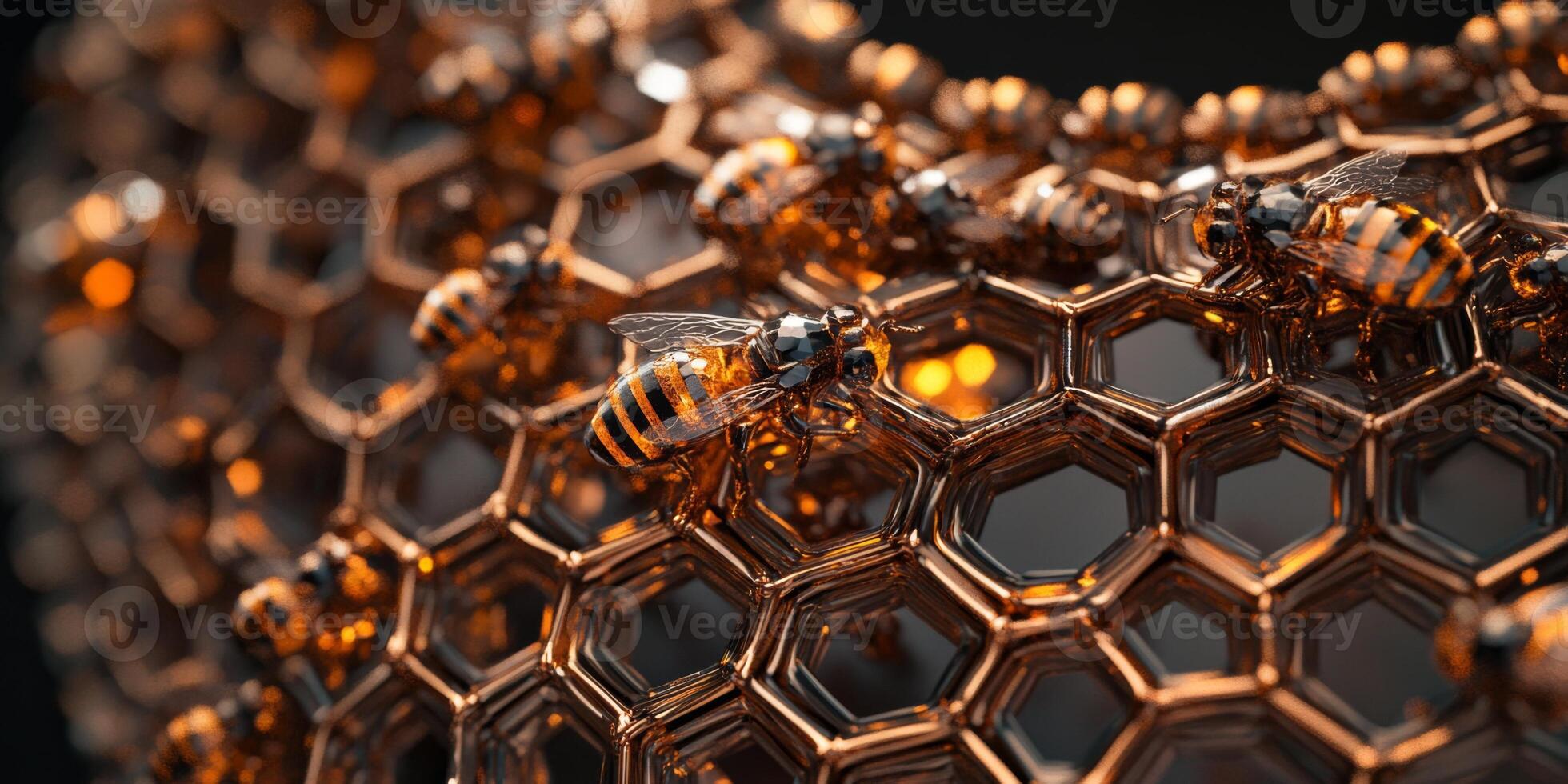 Close-up View of Bees on Honeycomb Structure with Intricate Honeycomb Cells Highlighting Nature's Beauty and Pollination Process in a Detailed Macro Shot photo