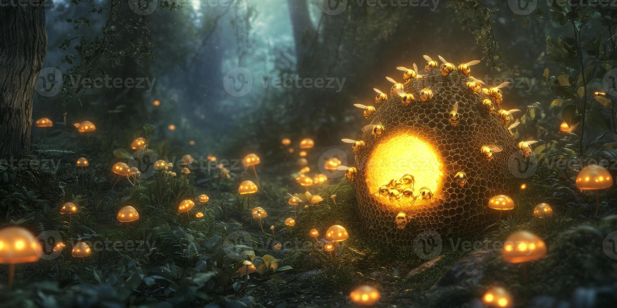 Enchanted Forest Scene with Glowing Mushrooms and Beehive Structure Illuminated by Soft Moonlight, Ideal for Fantasy and Nature Concepts photo