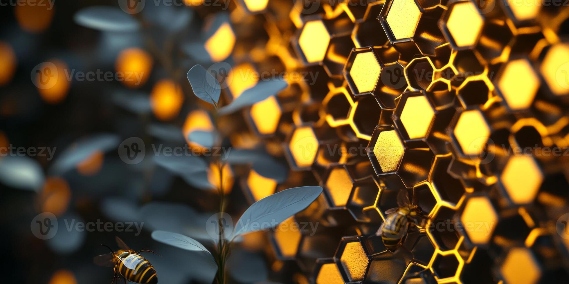 Close-Up of Honeycomb Structure with Bees Amidst Greenery and Warm Golden Light, Nature's Intricate Design in a Vibrant and Captivating Scene photo