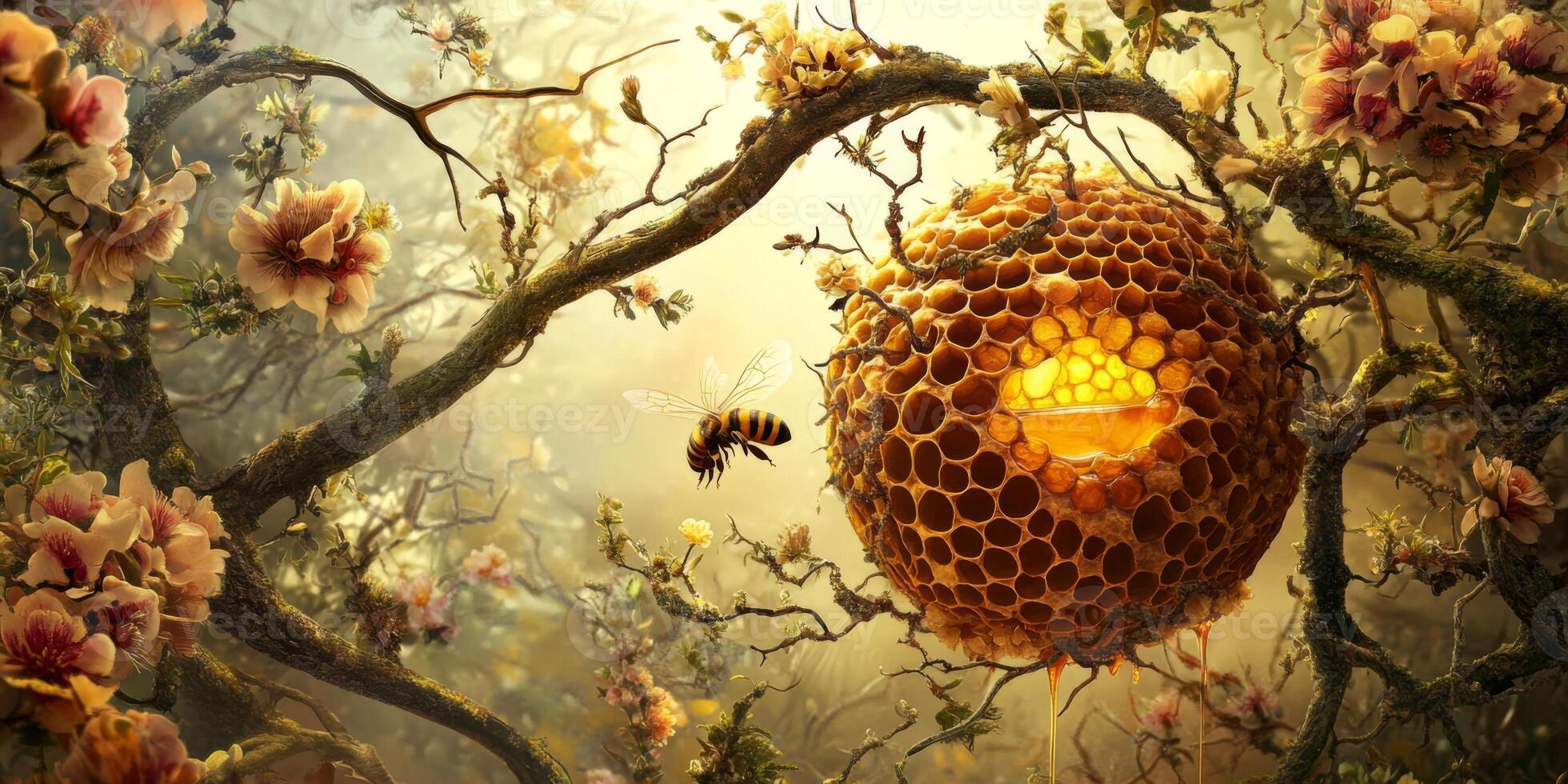 Buzzing Bee Approaching Honeycomb Nest Surrounded by Beautiful Blossoms in a Magical Forest Landscape with Soft Golden Lighting photo