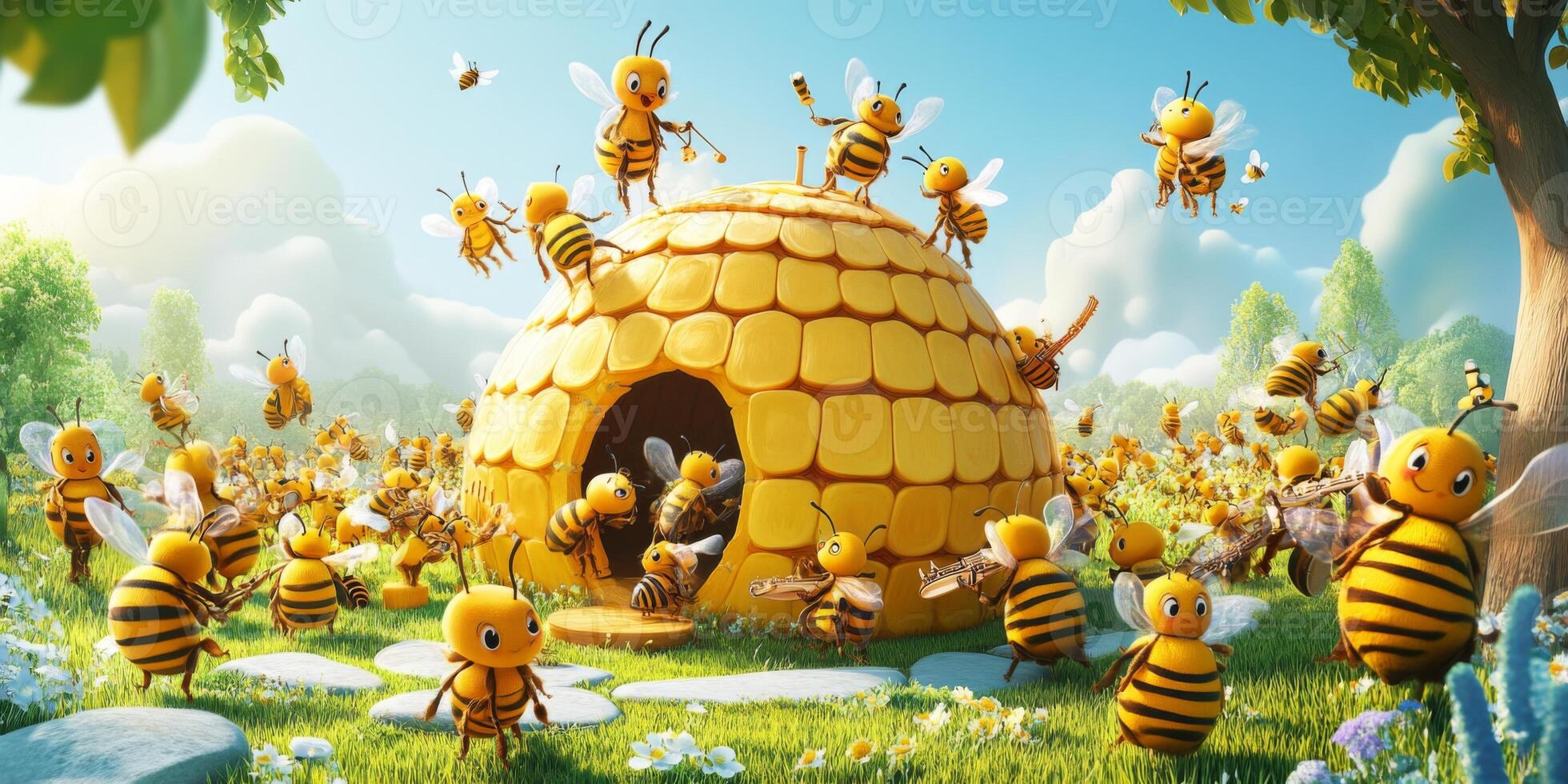 Cheerful Cartoon Bees Buzzing Around a Whimsical Honeycomb House in a Bright Meadow Full of Colorful Flowers Under a Clear Blue Sky photo