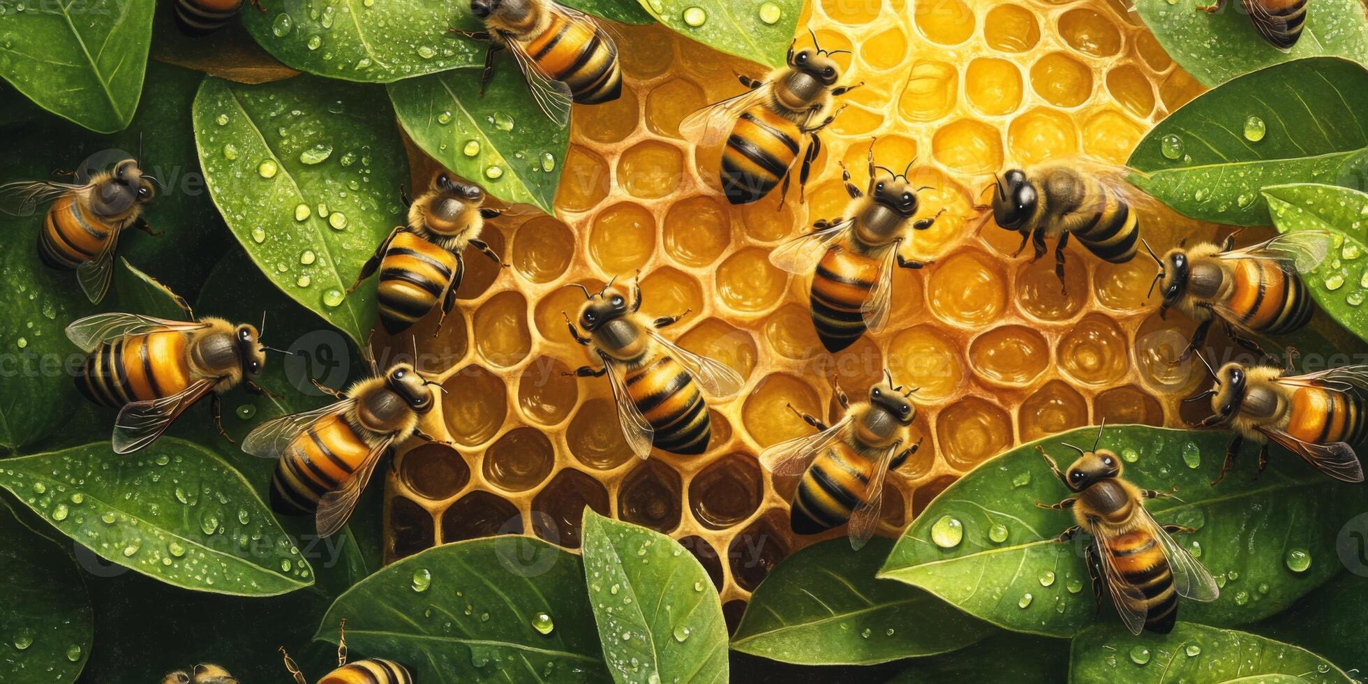 Close-up View of Bees Collecting Nectar on Honeycomb Surrounded by Green Leaves with Water Droplets and Intricate Hexagonal Structure photo