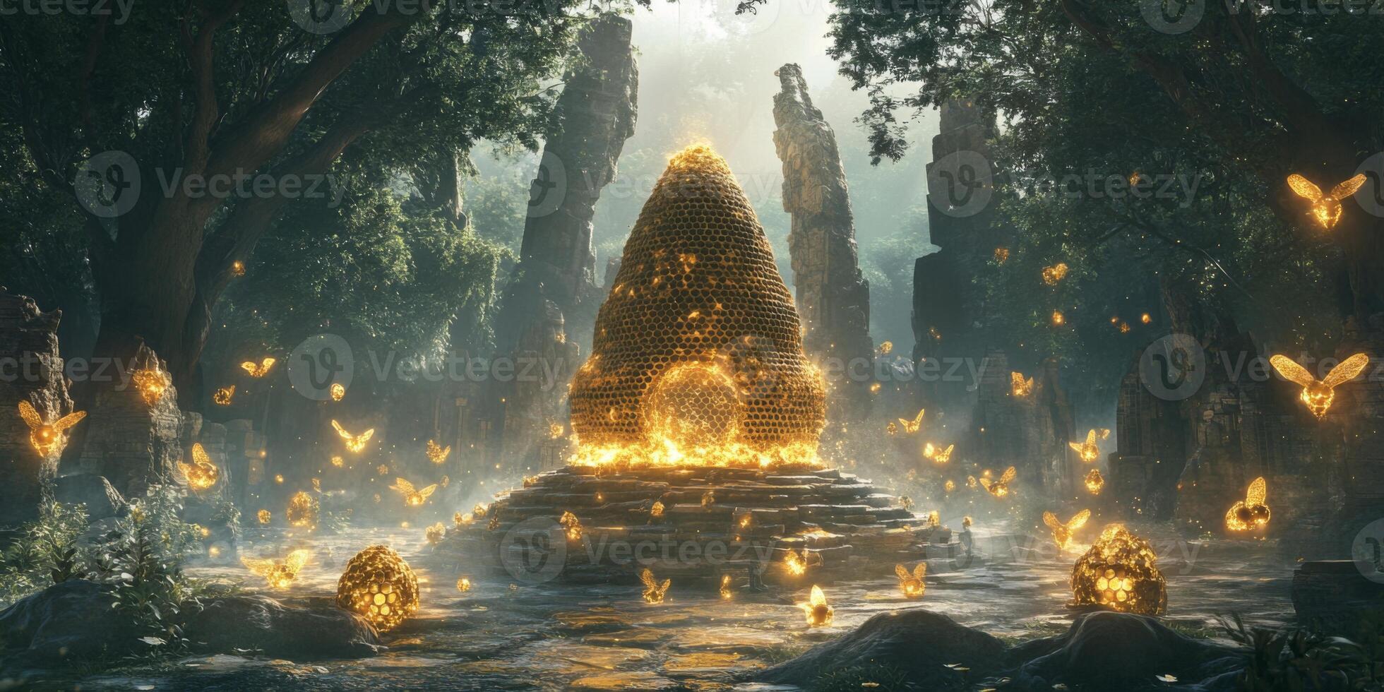 Enchanted Forest Temple Filled with Golden Light and Glowing Butterflies Surrounded by Ancient Ruins in Serene Nature Setting photo
