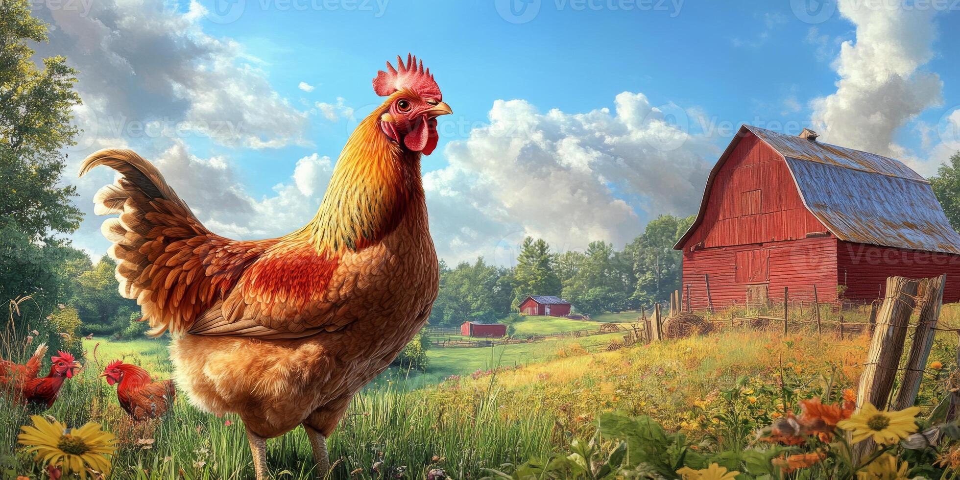 Majestic Brown Hen in a Vibrant Farm Landscape with a Red Barn and Green Fields under a Bright Blue Sky and Soft Fluffy Clouds photo
