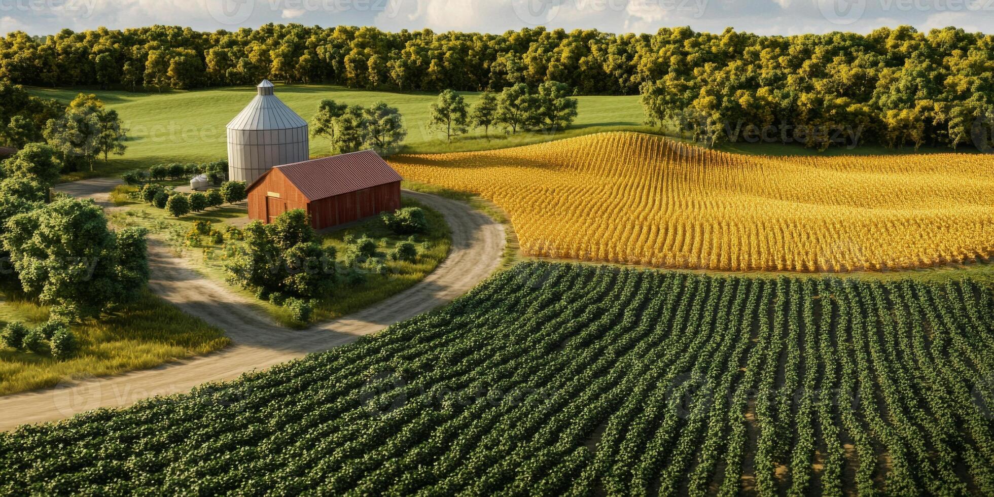 Scenic Rural Landscape Featuring Barn, Silos, Fields of Crops, and Lush Greenery Under a Clear Blue Sky in a Peaceful Farming Environment photo