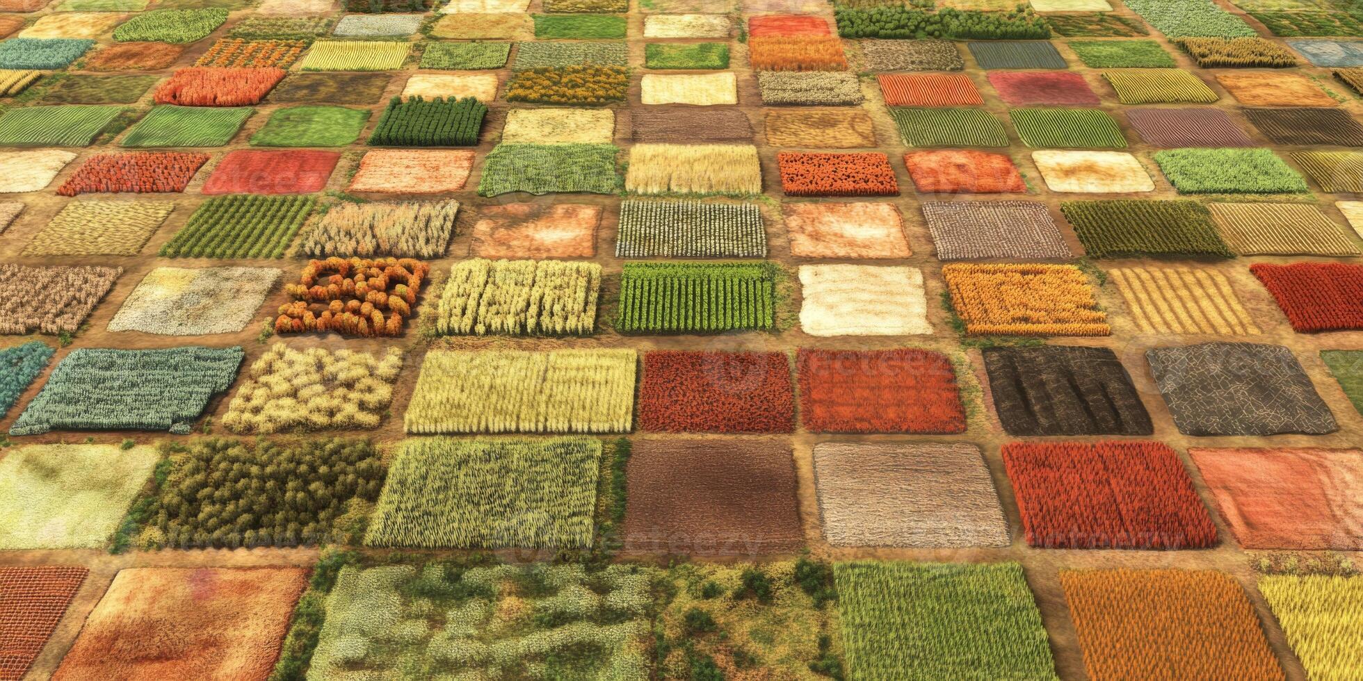 Aerial View of Colorful Patchwork Fields with Varied Crops and Textures in Agricultural Landscape During Daytime with Vibrant Color Palette photo