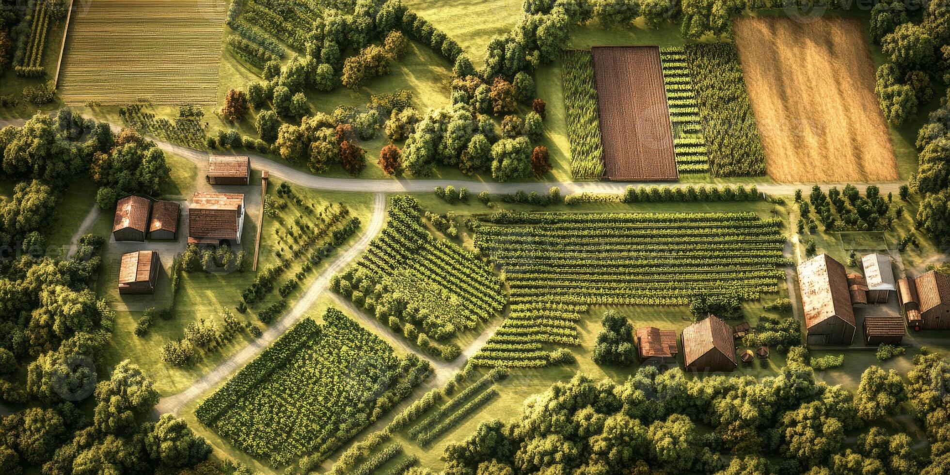 Aerial View of Lush Green Agricultural Fields with Vineyard Rows, Farmhouses, and Scenic Country Landscape in Warm Sunset Light photo