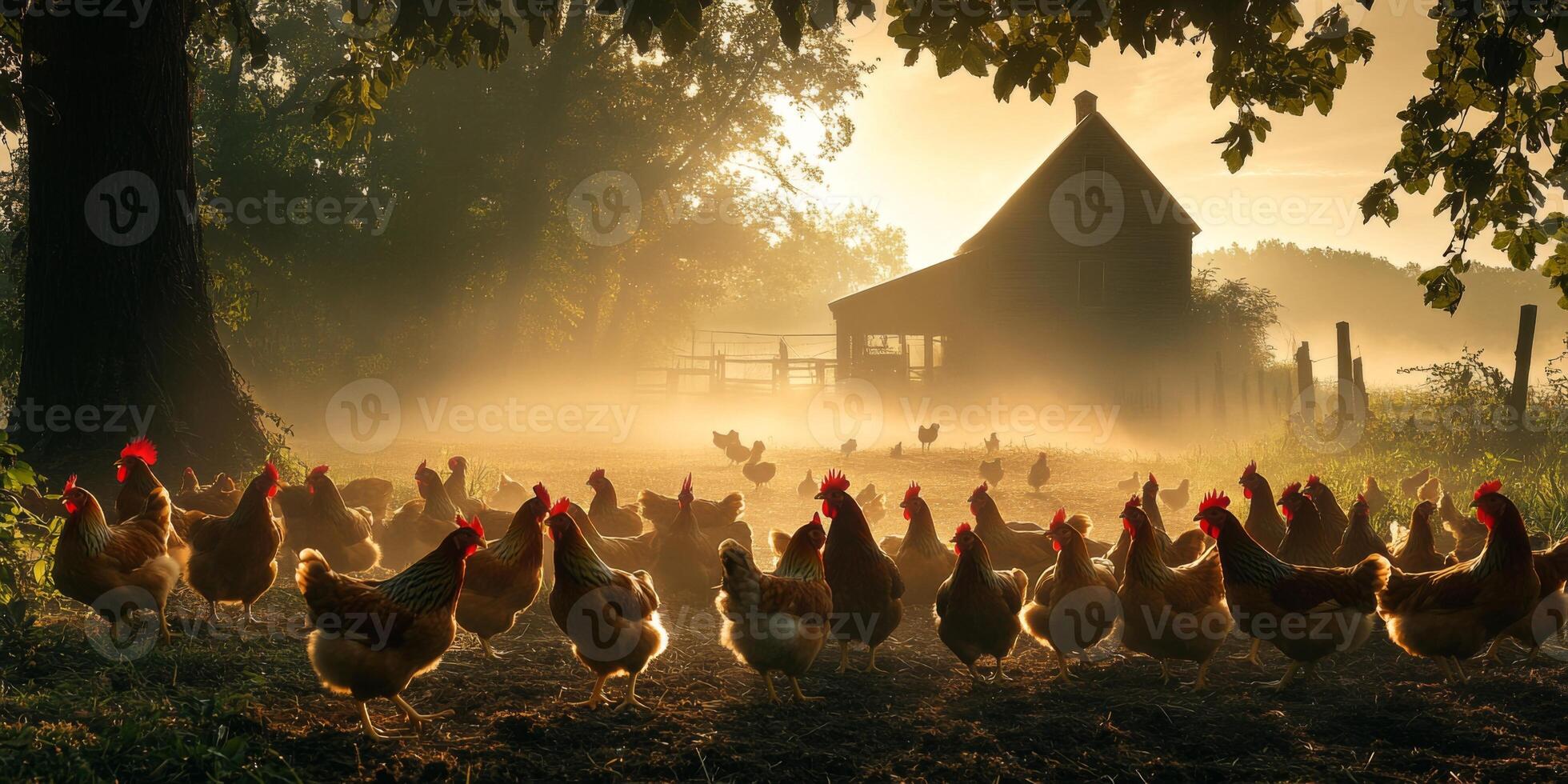 Peaceful Morning on a Farm with Silhouetted Chickens Roaming Freely in Misty Landscape Near a Rustic Barn Surrounded by Greenery and Sunshine photo