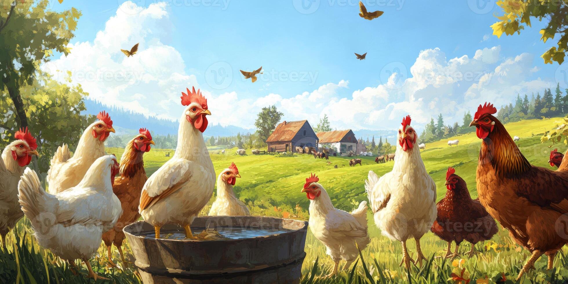 Vibrant Farm Scene with Chickens Gathering Around Water Trough Under Bright Blue Sky and Rolling Green Hills in Serene Rural Landscape photo