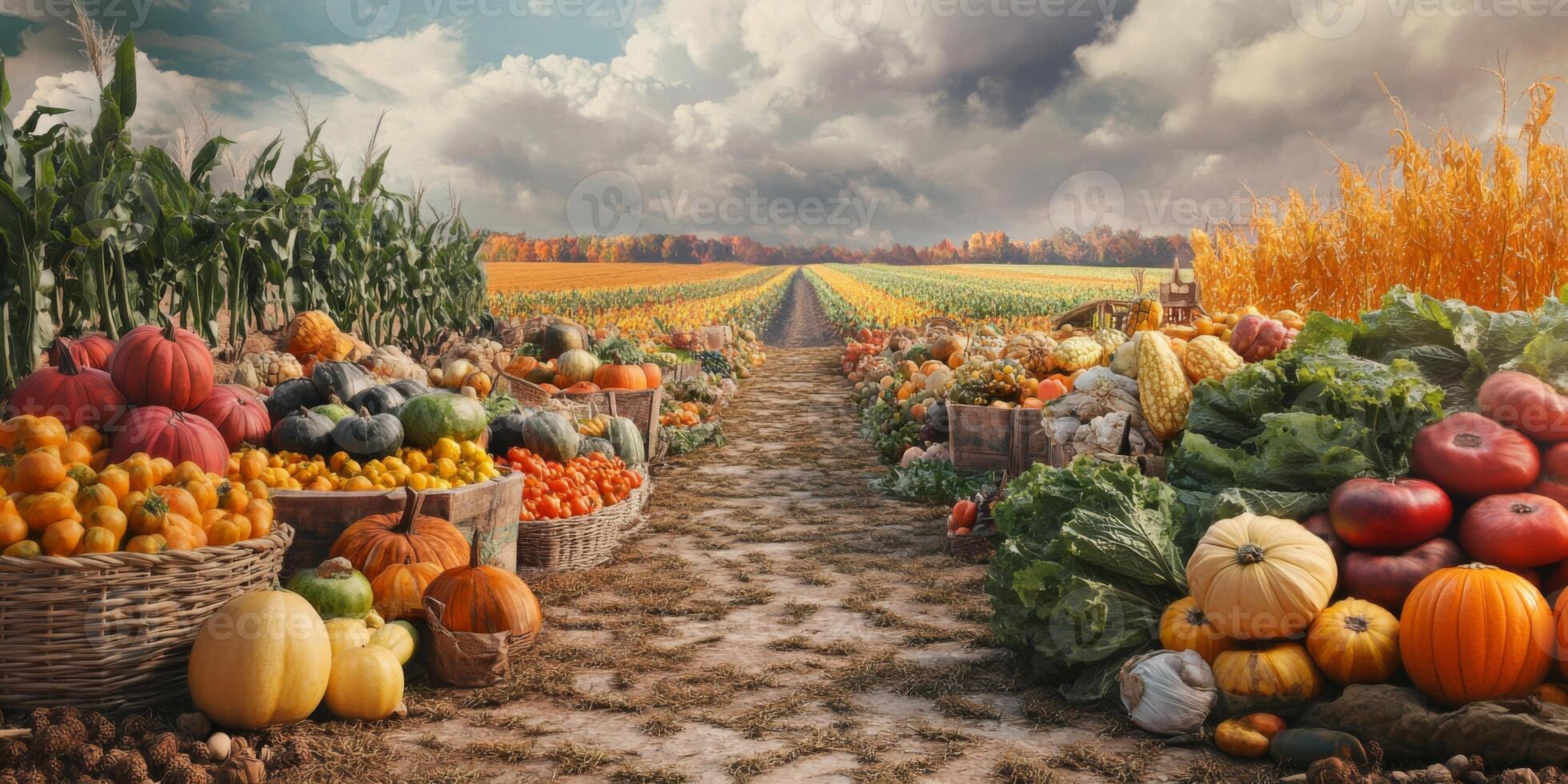 Abundant Harvest Scene with Colorful Vegetables and Fruits in Scenic Agricultural Landscape Under Dramatic Sky photo