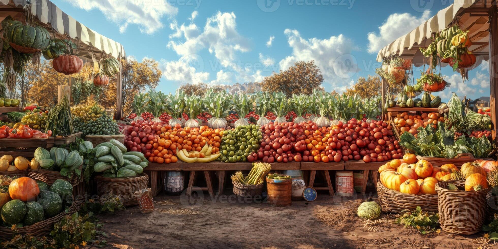 Fresh and Vibrant Farmers Market Stall Displaying a Colorful Array of Seasonal Vegetables and Fruits Under Blue Sky with Fluffy White Clouds photo