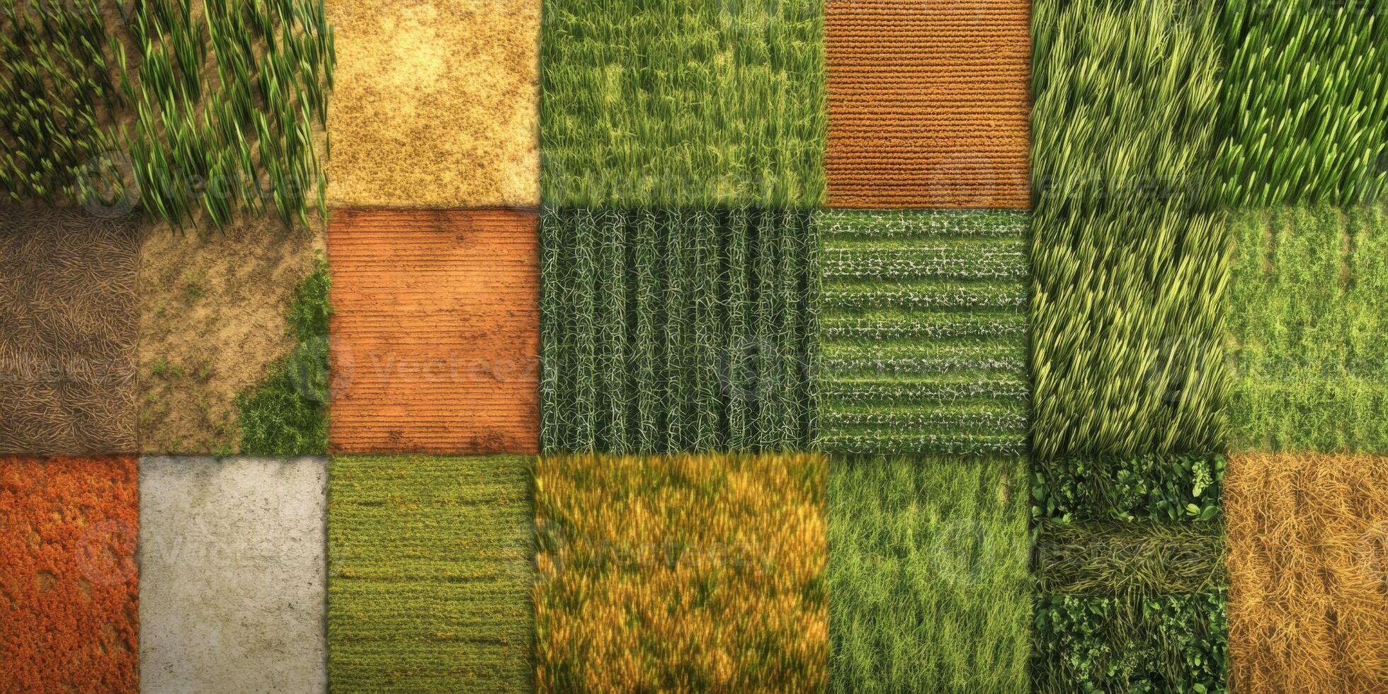 Aerial View of Diverse Agricultural Fields Showcasing Various Crops and Textures in a Vibrant Patchwork Landscape photo