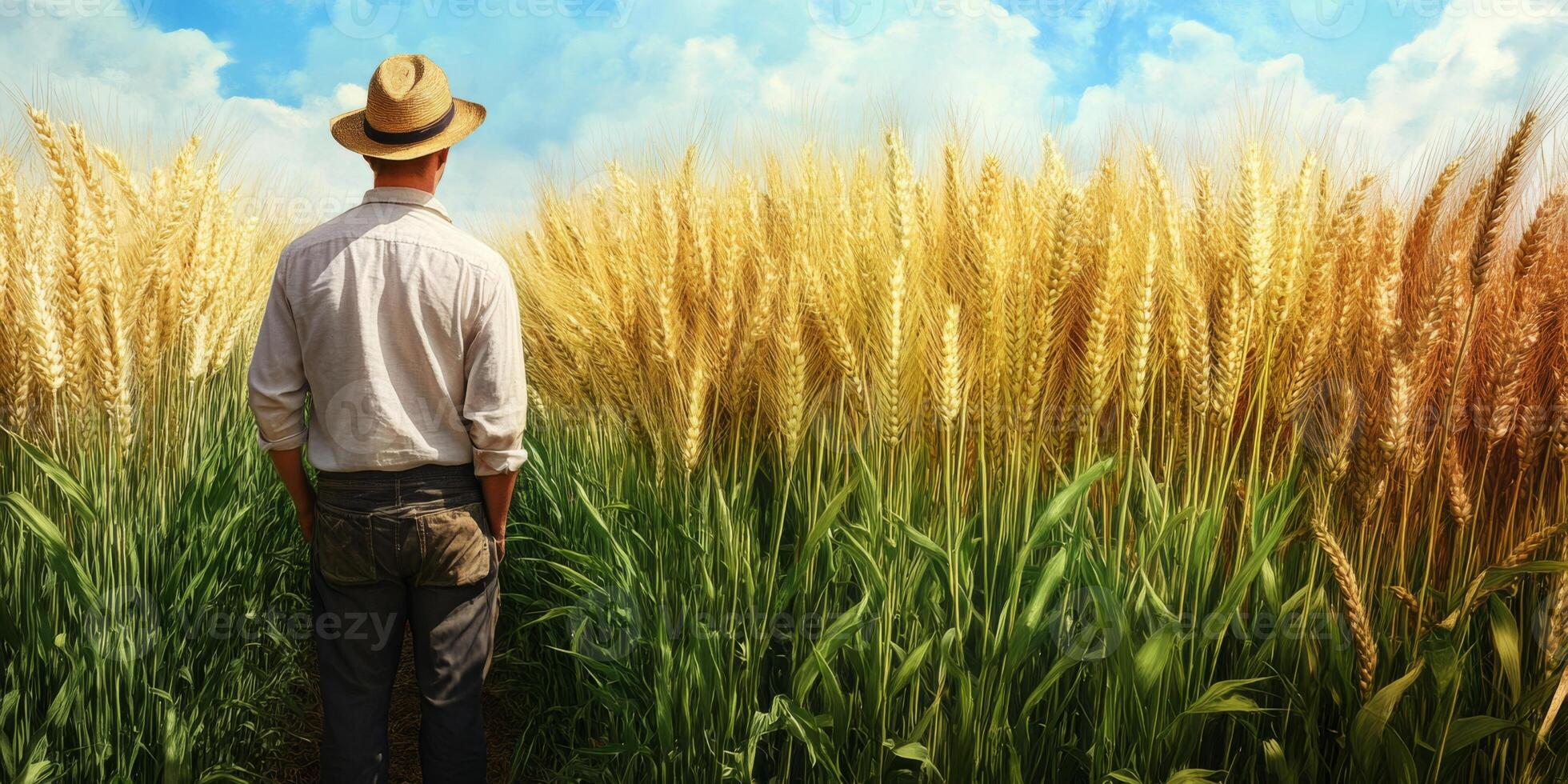 Farmer in Wheat Field with Golden Grass and Blue Sky, Standing Among Tall Crops, Agricultural Landscape, Nature and Rural Scene photo