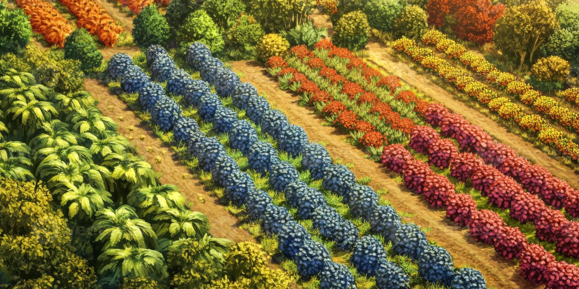 Vibrant Rows of Colorful Crops in an Expansive Agricultural Field Showcasing Varied Plant Life and Lush Greenery Under Bright Sunlight photo